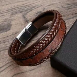 Men Leather Multi Layer Bracelets Braided Leather Bracelet 8”